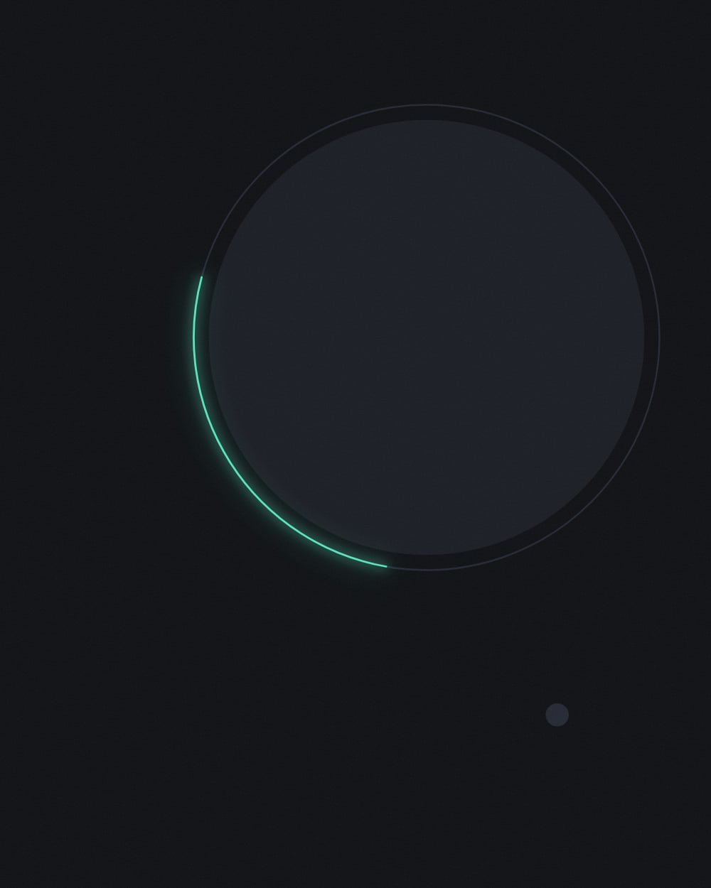 A large charcoal circle rimmed by a faint dark ring on a near black field, with a glowing mint arc lit along its lower left edge and a small slate dot floating below right.