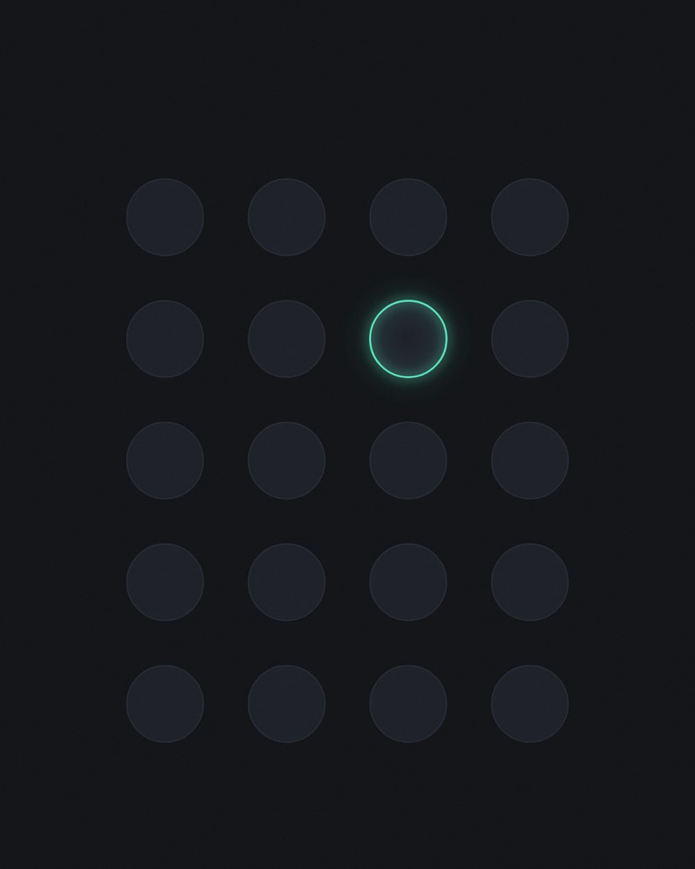 A four by five grid of dim charcoal dots on a near black field, with one dot in the upper right area lit as a glowing mint ring.