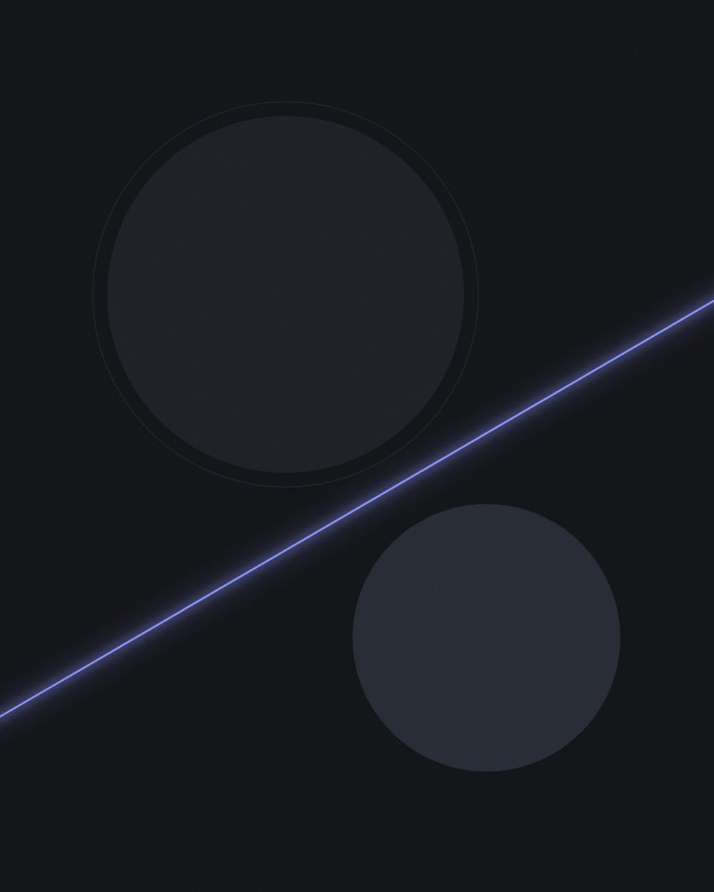 Two dark circles, a large ringed charcoal one above and a smaller slate one below, held apart by a thin glowing violet line crossing the frame diagonally.