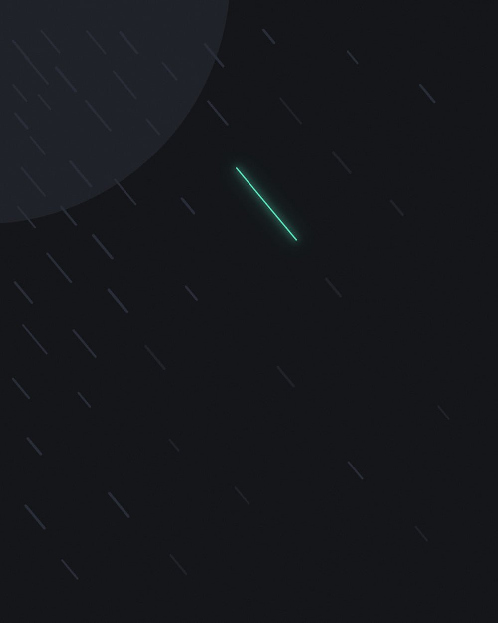 Short slate rain streaks slant from a charcoal pool in the upper left corner and thin out toward the lower right, with a single glowing mint streak among them.