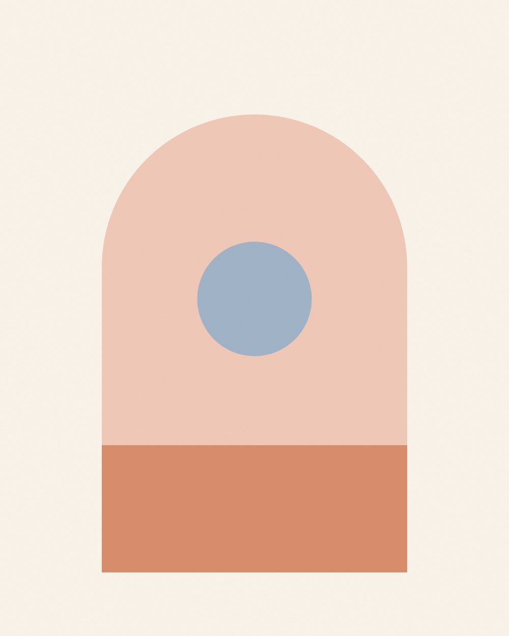 A tall pink arch holding a dusty blue circle above a terracotta block, on cream paper with a soft grain.
