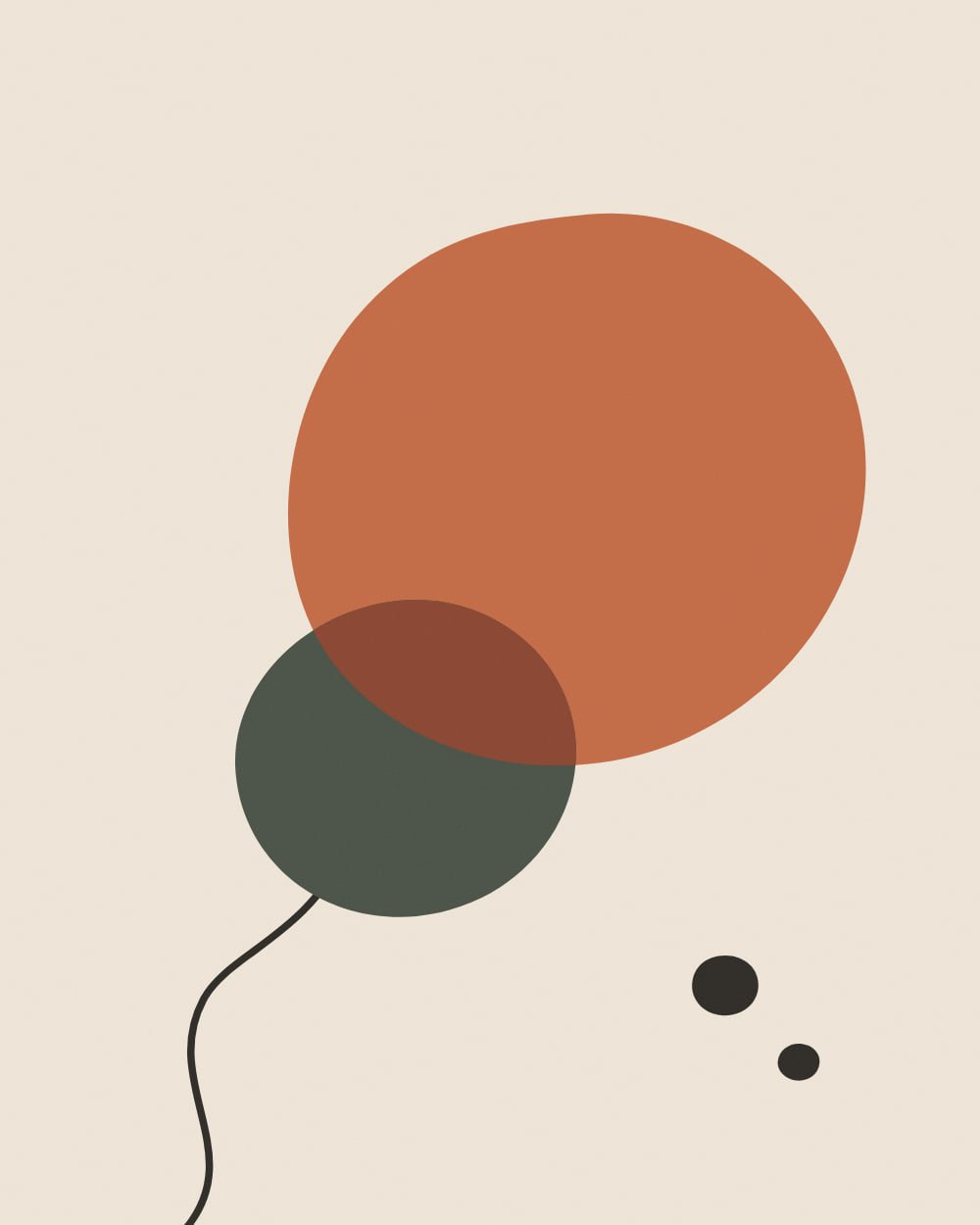A large terracotta stone form overlaps a smaller olive green form on warm cream paper, their overlap turning deep clay, while a thin dark line meanders to the bottom edge and two small ink pebbles rest at lower right.