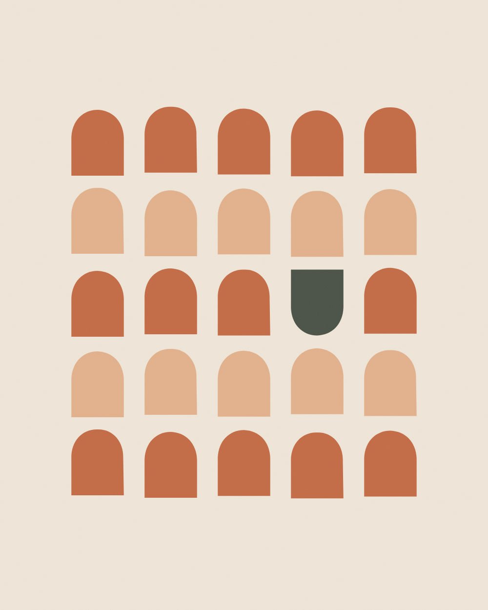 Five rows of small terracotta and sand arches fill cream paper, with a single olive green arch flipped upside down breaking the grid just right of center.