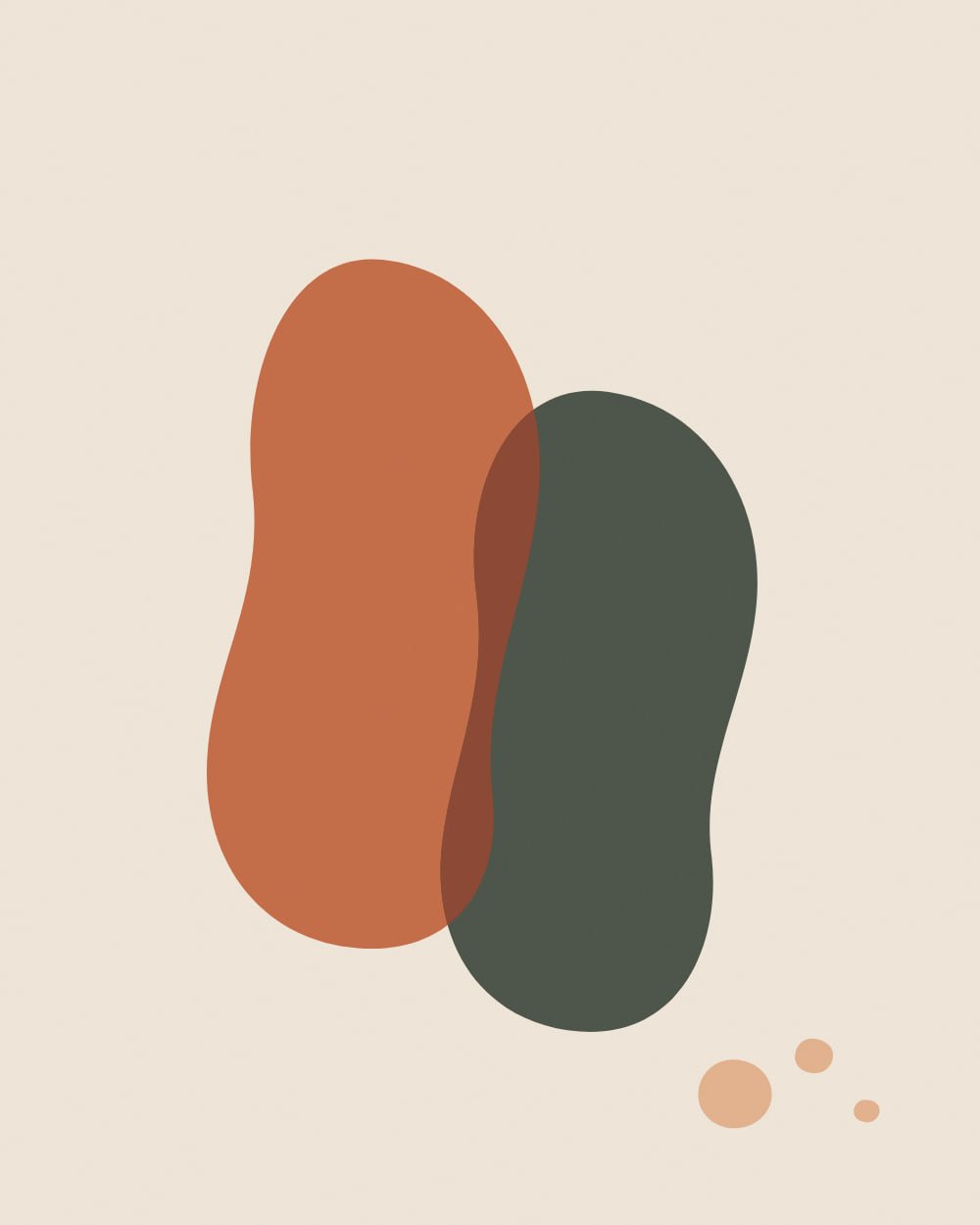 Two tall soft edged forms, one terracotta and one olive green, lean into each other with their overlap painted deep clay, while three blush pebbles trail away at lower right.