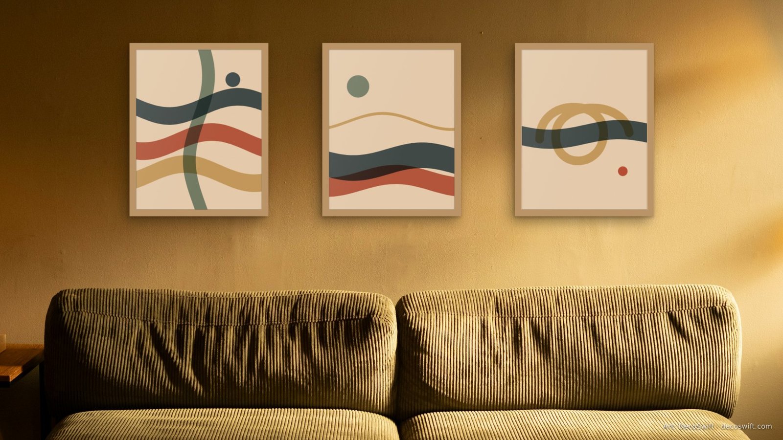 Video call background: Three Ribbon Weave prints in oak frames above a corduroy sofa in a warm lamp-lit lounge.